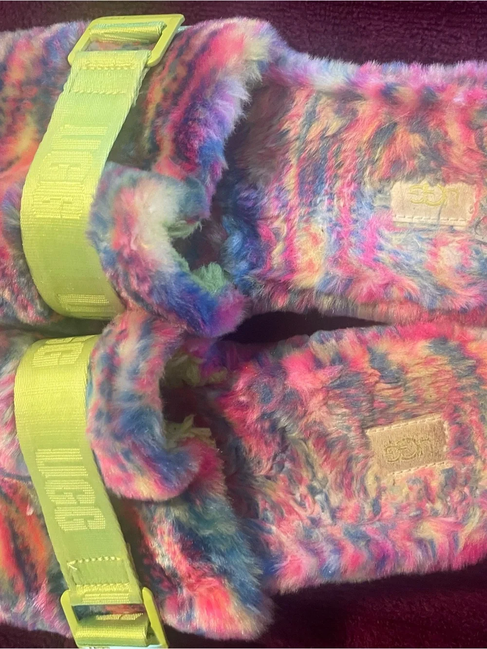 UGG Rainbow Faux-Fur Slide Sandals with Neon Strap